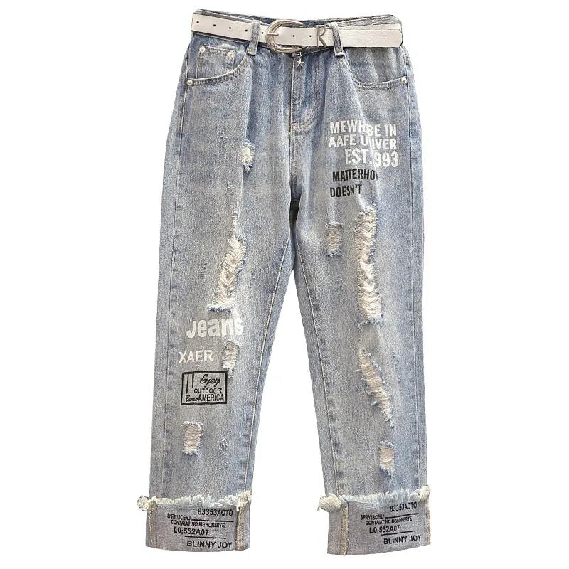 Summer Plus Size Loose and Ripped Printed Cropped Trousers Women's Fashion Slim Straight-leg Jeans