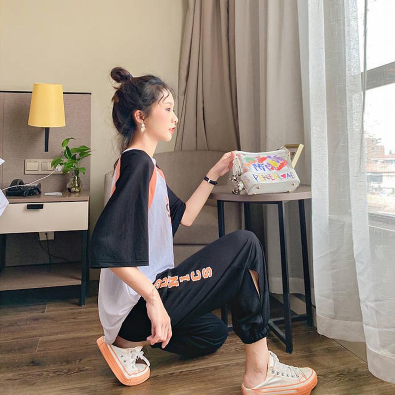 Cute Casual Sportswear Suit Female Summer Two-piece Suit Loose Cool Round Neck Short-sleeved T-shirt + Loose Sports Pants Fabric Light and Breathable