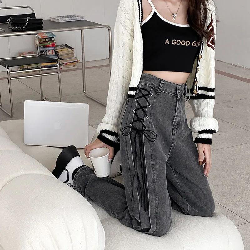 Women's Jeans Loose Wide Legs Straight Smoke Grey Pants High Waist Thin Strap Personality Jeans Punk Style Trousers