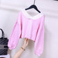 Spring and Autumn Short Sweater Puff Sleeve Waist All-match Blouse Sweet Style V-neck Female Blouse