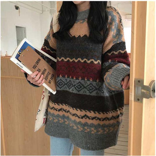 Hong Kong Wind Winter Pullover Sweater Women Loose Loose Lazy Round Neck Long Sleeve Bottoming Shirt