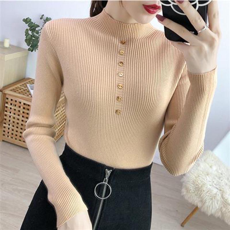 Women's sweaters with buttons long sleeve tight-fitting slim Turtleneck sweater warm winter