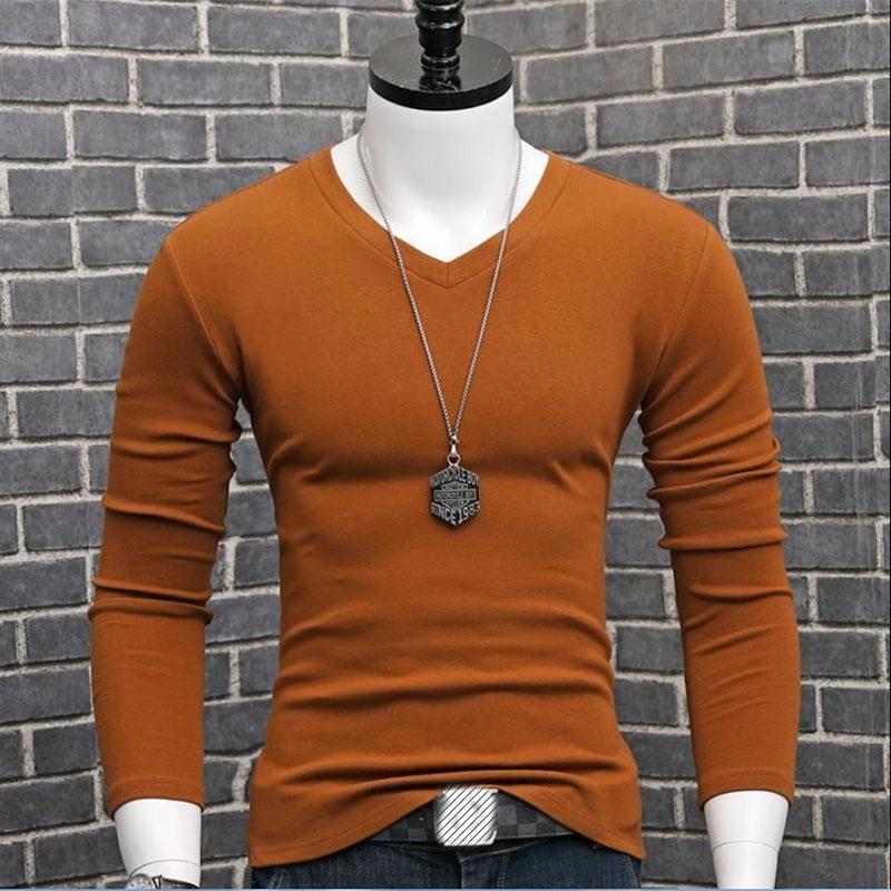 T-shirt Men's Long-sleeved V-neck Solid Color Bottoming Shirt Autumn and Winter Fitness Tops Slim High Elastic Lycra Cotton