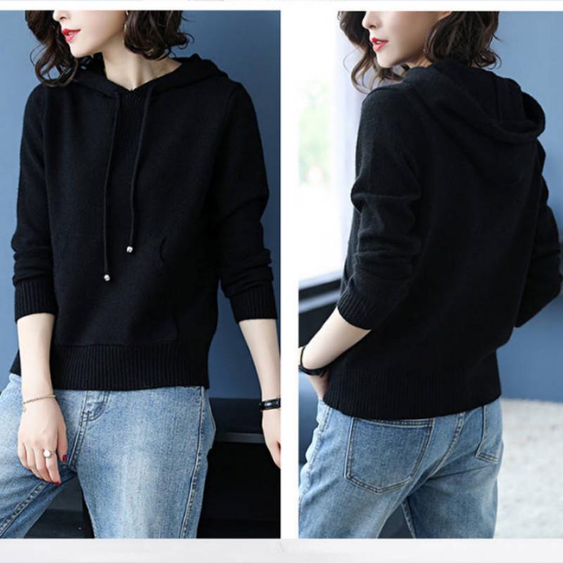 Autumn Sweater Women Hooded Collar Pullover Solid Color Knitted Short Jacket Fashion Casual