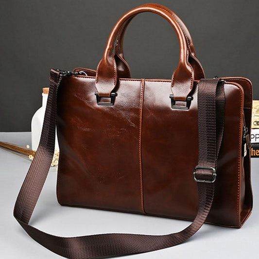 Business Briefcase Men Leather Large Capacity Zipper Crossbody Bags Shoulder Waterproof Computer Bag