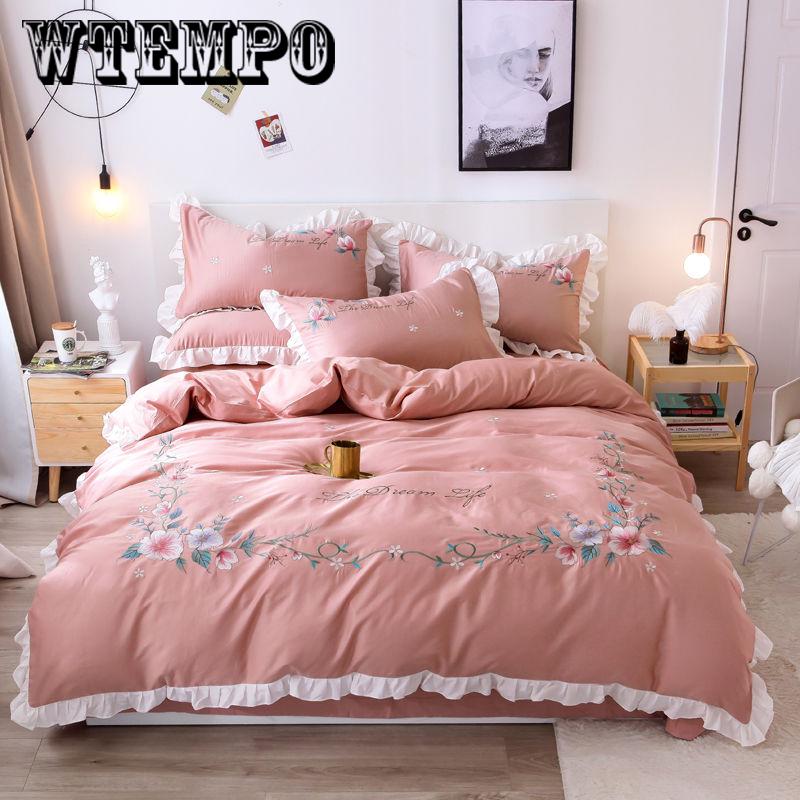 Cotton four-piece lotus leaf lace sheets comfortable cotton solid color home bedroom bedding set