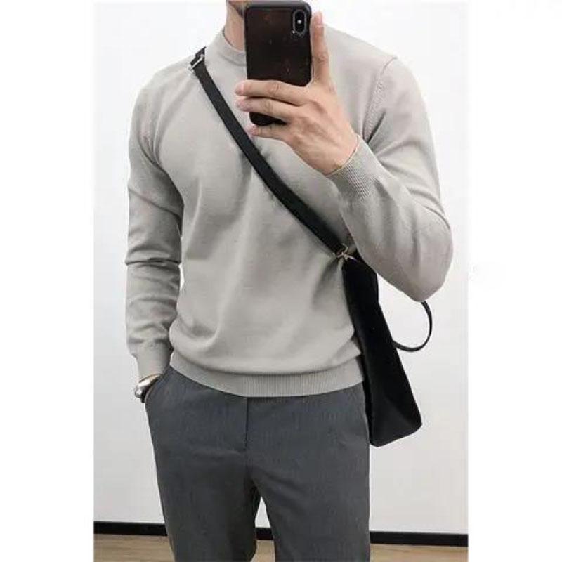 Winter Thin Round Neck Bottoming Sweater Korean Style Slim Pullover Sweater with Inner Line Sweater Men's Top