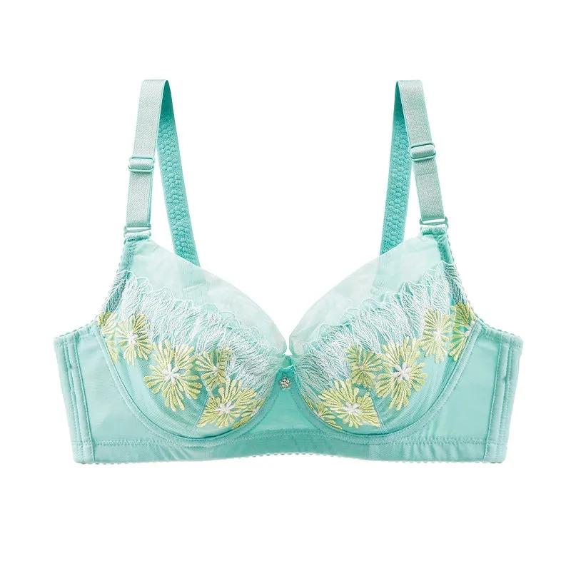 Women's Comfortable Embroidered Underwear Adjustable Bra for Big Breasts Sexy Lace Mesh Floral Gather Straps Brassiere Full Cup Pad Solid Underwear
