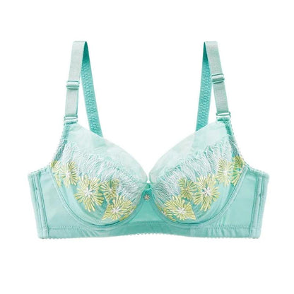 Women's Comfortable Embroidered Underwear Adjustable Bra for Big Breasts Sexy Lace Mesh Floral Gather Straps Brassiere Full Cup Pad Solid Underwear