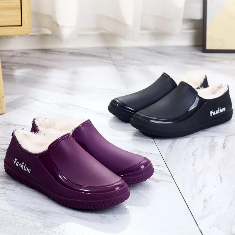 Women's Shallow Mouth Low-top Outer Wear Plus Fleece Flat Shoes Waterproof Non-slip Winter Cotton Rubber Shoes