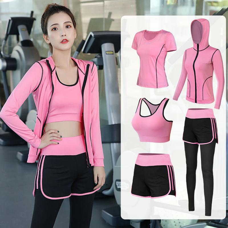 5PCS Women's Sports Suit Four Seasons Yoga Clothing Suit Running Sportswear Running Suit Gym Fitness Clothing Active Wear Elastic Stretch Outwear