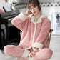 Women's Thick Coral Fleece Pajamas Set Winter Warm Flannel Home Wear Suit Cute Lapel Button Sleeping Suit Long Sleeves Sleeping Suit