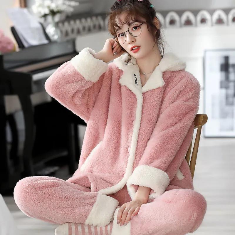 Women's Thick Coral Fleece Pajamas Set Winter Warm Flannel Home Wear Suit Cute Lapel Button Sleeping Suit Long Sleeves Sleeping Suit