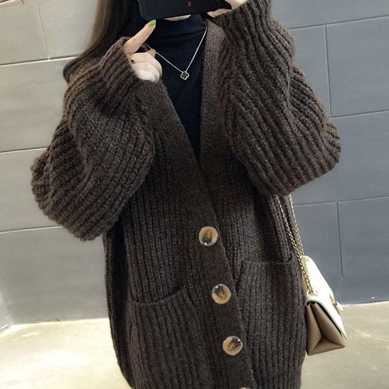 Fashion large pocket sweater large size medium long loose knitted cardigan sweater coat women