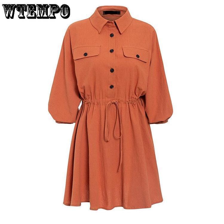 Solid Womens Mini Dress Long Sleeve Pocket Loose Dresses Ladies Autumn Casual Retro Vestidos