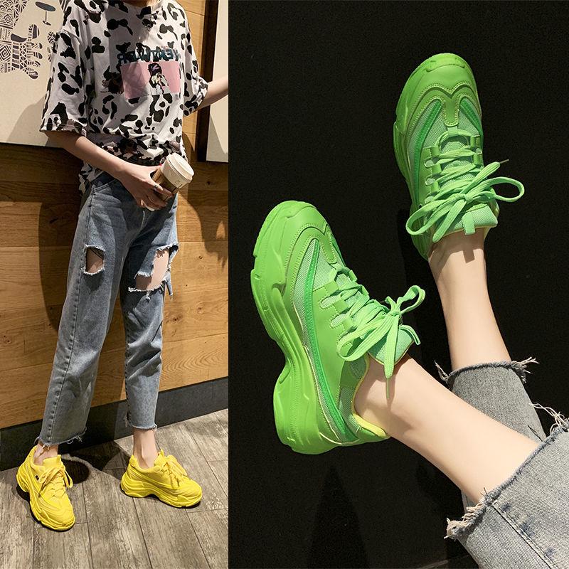 Fluorescent green daddy shoes female ins tide net red double mesh surface thick bottom sports shoes
