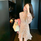 Ruffled Mini Vintage Print Irregular Dress Lantern Sleeve Elegant Chiffon Dress Slim Streetwear