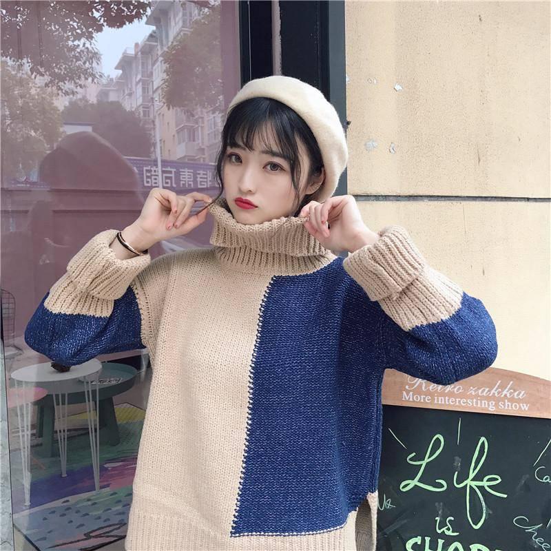 Pofulove 3 Colors Warm Short Section Hit Color TurtleNeck Loose Knitted Blouse Thicken Sweaters