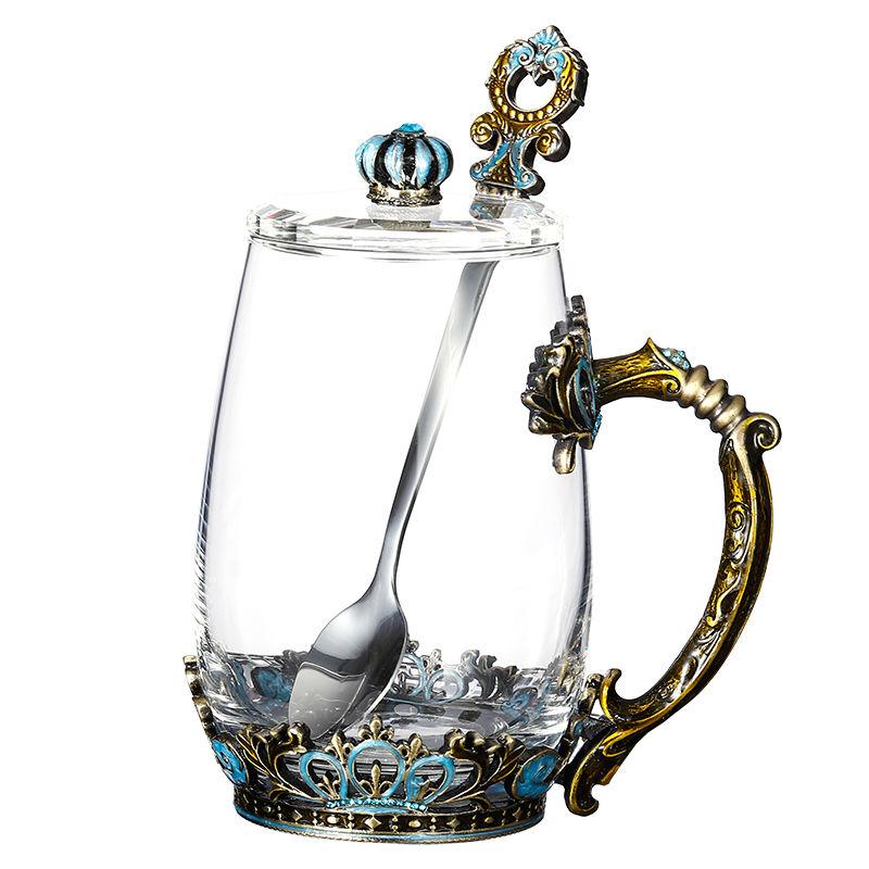 Retro Enamel Color Water Cup Flower Teacup Personality Trend Glass Female Teacup Creative Home Coffee Cup with Lid Spoon