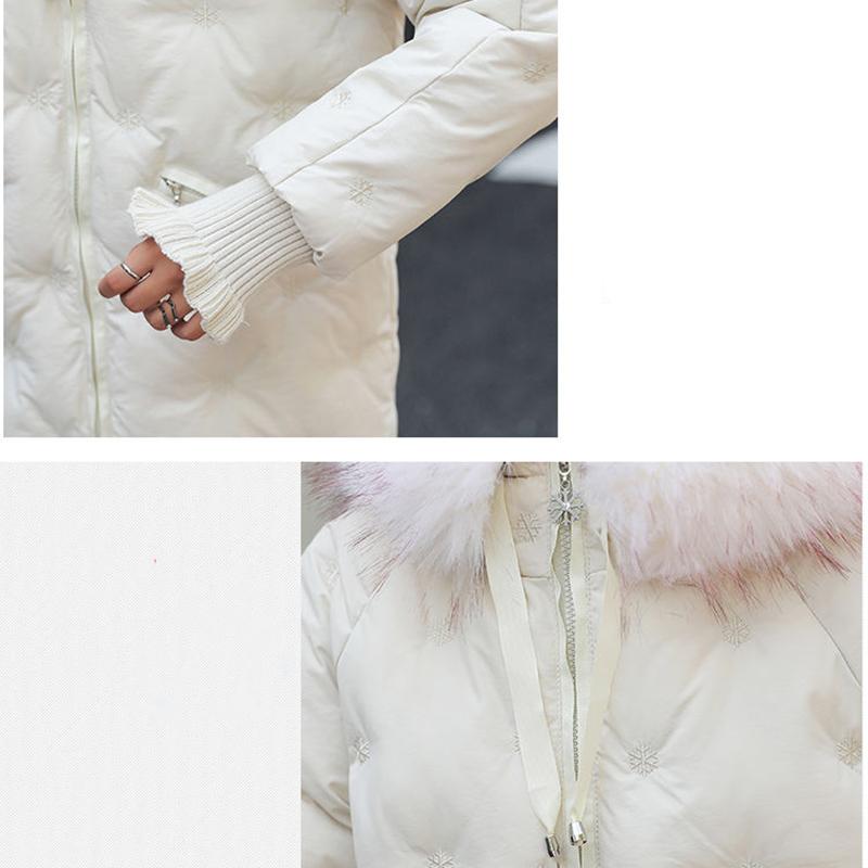 Women's Solid Color Embroidered Down Jacket Mid-length Korean Style Loose Thick Coat Warm Cotton Coat Large Fur Collar Winter Quilted Jacket