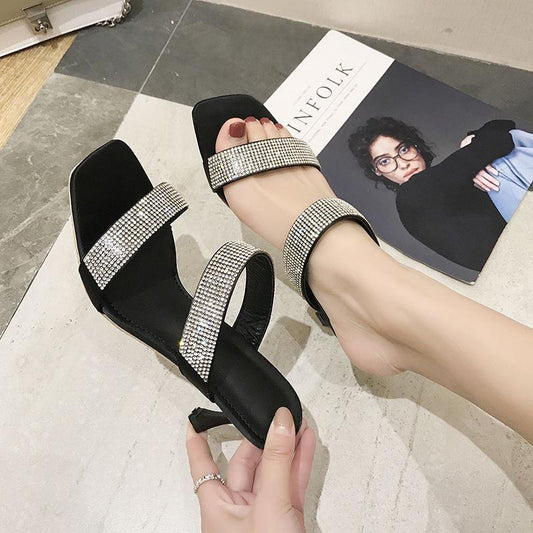 Fashion Bling Crystal Women Sandals Sexy Open Toe Zip Thin High Heel Rhinestone Stripper Shoes Summer Black Pumps