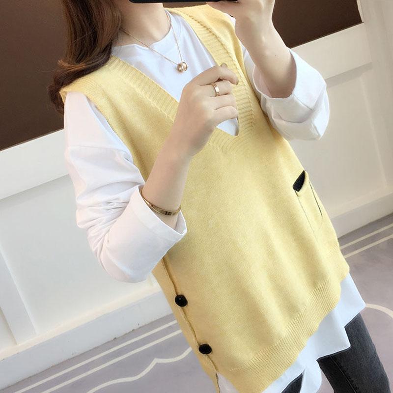 Spring and Autumn Fashion Knitted Vest Loose Solid Color Sleeveless Vest Casual Simple Female Sweater