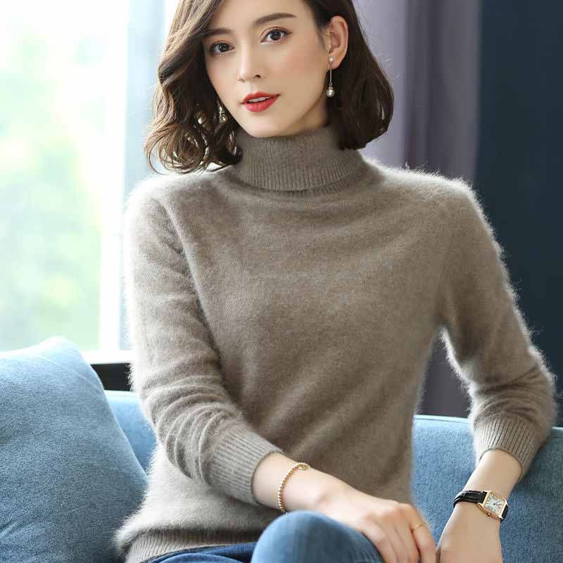 Women's Turtleneck  Mink Sweater Thick Warm Slim Pullover Sweater 100% Real Mink Hair Fuzzy Sweater