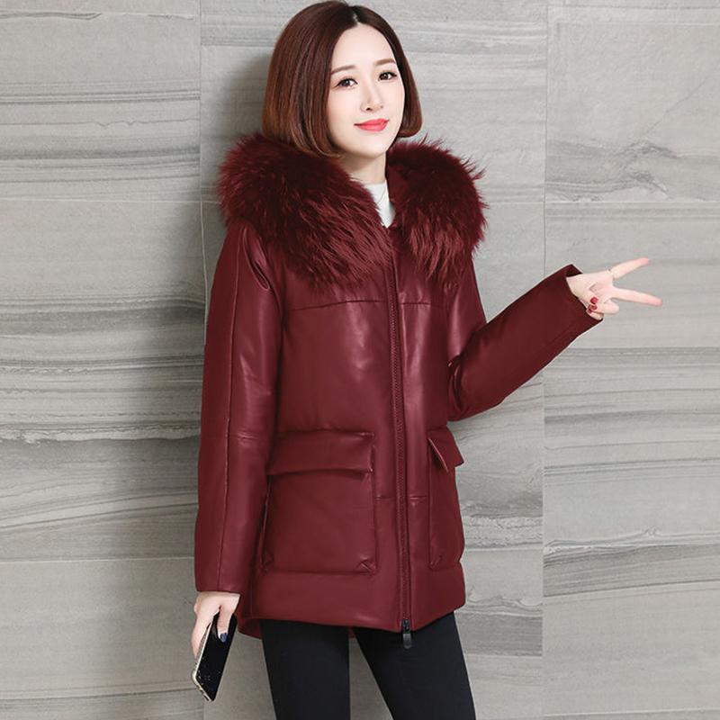 Women's Solid Color Hooded Down Jacket Regular Korean Loose Thick Coat Warm Cotton Coat Large Leather Collar Winter Coat Quilted Coat