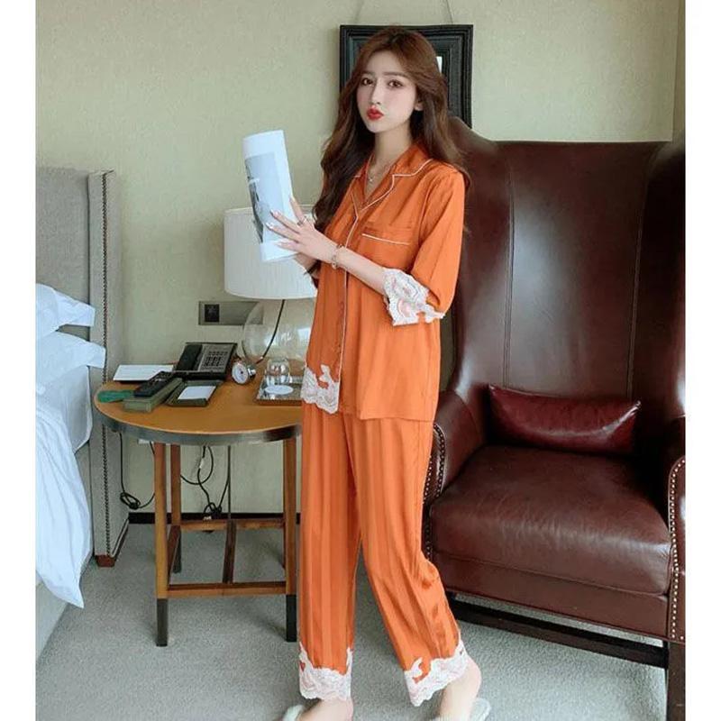 Women's Spring Autumn Long-sleeved Pajamas Set Sexy Lace V Neck Ice Silk Jacquard Striped Homewear Loose Comfortable Sleeping Suit Two-piece Set