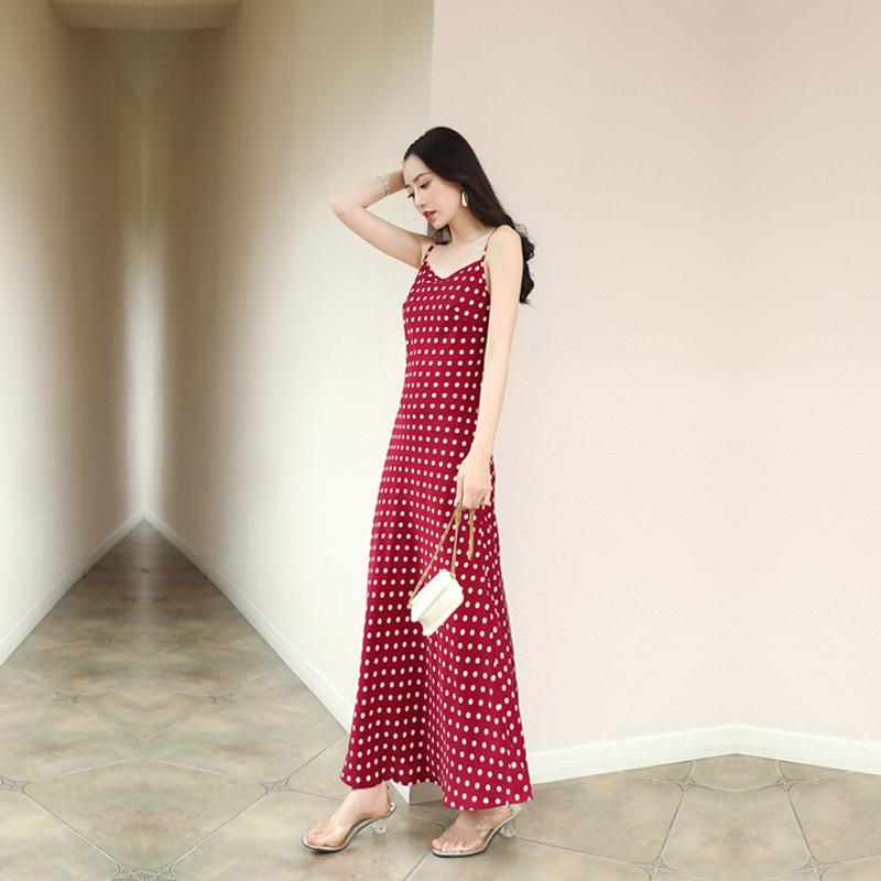 Polka Dot Sling Dress Female Long Section Over The Knee Simple Sexy A-line Skirt One-shoulder Long Skirt Polka Dot Pattern Ladies Slim Dress