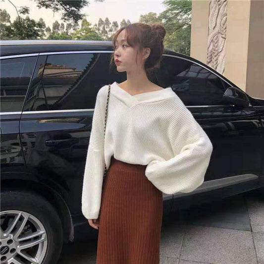 V-neck Sweater Women's Head Autumn and Winter Clothing New Loose Student Bottoming Sweater Shirt