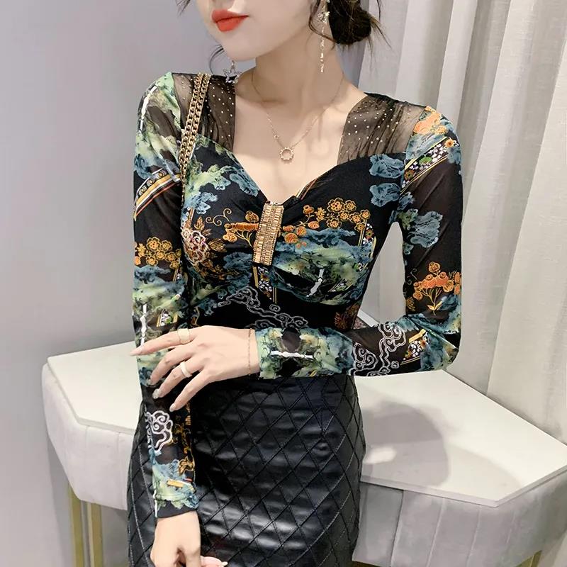Sexy Mesh Bottoming Shirt Drill Design Sense Long Sleeve Women's Top V-Neck Slim Fit Plus Size Women's Clothing