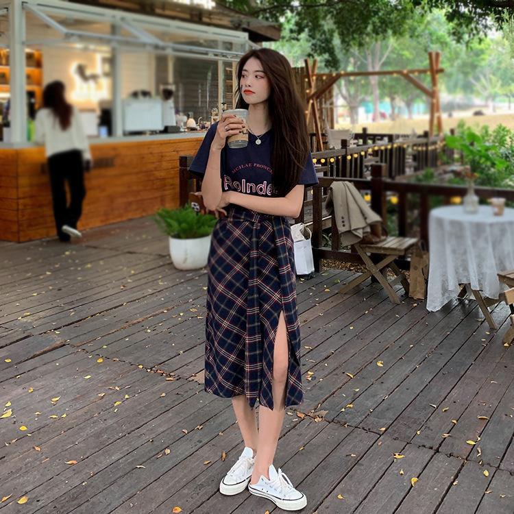 Split Women Plaid Skirt Female High Waist A-line Mid-length Half Skirt Thin Daily Student School