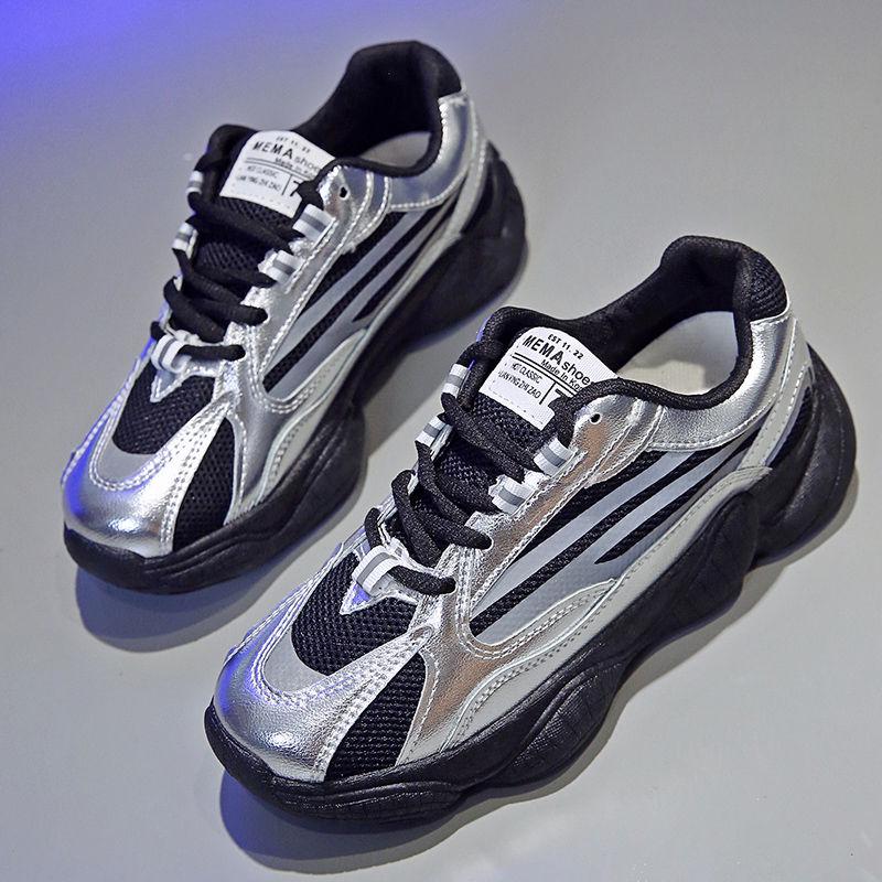 2020 Women Chunky Sneakers Designers Ulzzang Silver Lace Up Casual Vulcanized Shoes Sports Footwear