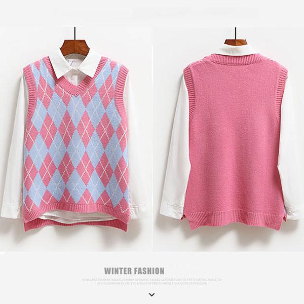 College Style Loose Vest All-match Diamond Check Sweater Splicing Color Sleeveless Fashion Sweater