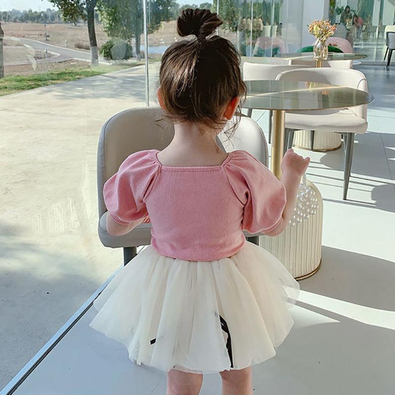 Girls' Summer Bowknot Short-sleeved Tops Korean Children's Cotton T-shirts Middle and Small Children's Western Style Bottoming Shirt