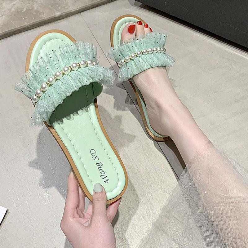 Fairy Style Slippers Women's Outer Wear Summer Pearl Sandals and Slippers Fashion Flat Non-slip