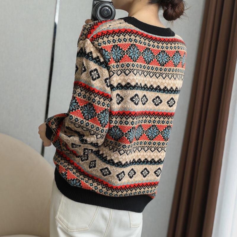 Round Neck Vintage Jacquard Woollen Sweater Women  Loose Outer Wear/bottoming  Knitted Pullover Top