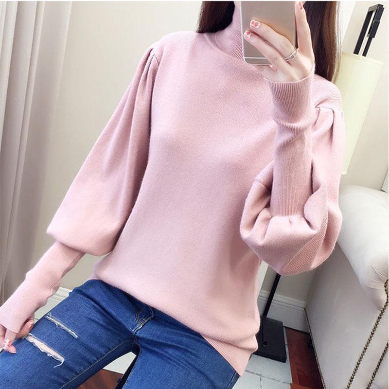 Autumn and Winter Turtleneck Sweater Lantern Sleeve Knit Top Loose Fashion Young Women Sweater