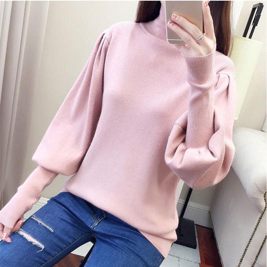 Autumn and Winter Turtleneck Sweater Lantern Sleeve Knit Top Loose Fashion Young Women Sweater