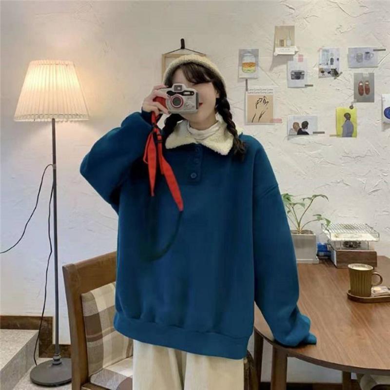 Autumn and Winter Loose Warm Pullover Sweater Women's Color Matching Polo Collar Jacket Jacket All-match Simple and Comfortable