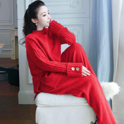 2pcs/set Women Knitted Tracksuit Two-piece Sweater Women's Solid Color Thick Turtleneck Sweater and Loose Knitted Wide-leg Pants Two-piece Set Outfits