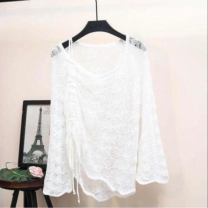 Hollow Knit Top Women Lazy Wind Side Drawstring Long Sleeve Pullover Short Outer Sunscreen Hollow Crochet Knit Blouse Hollow Style