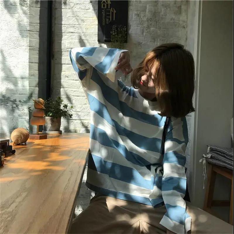 Fall Women Casual Round collar Lady Autumn Long sleeve T-Shirt Striped Basic Tee Pullover