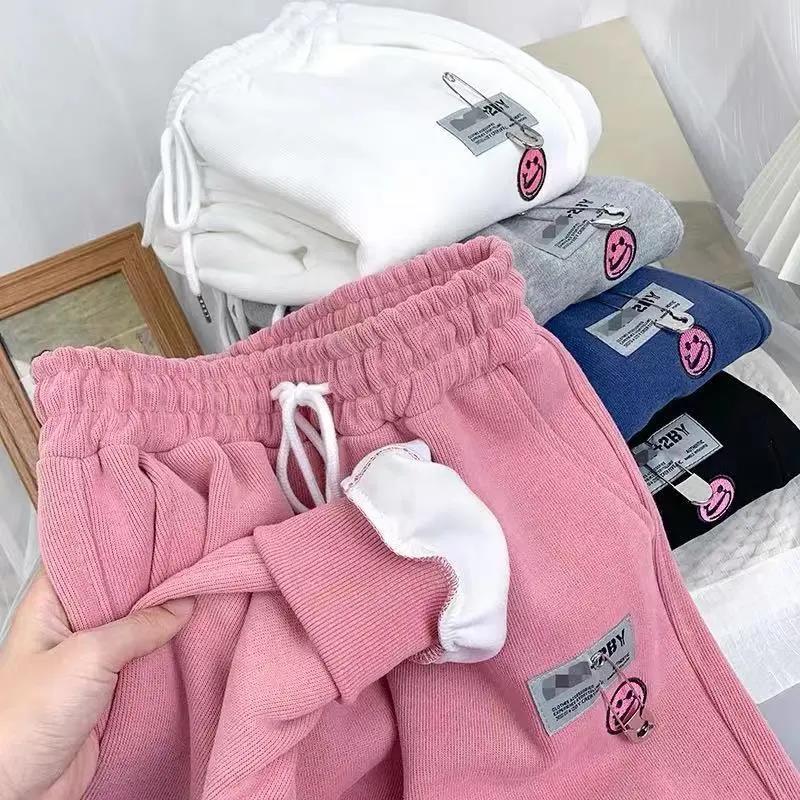 High Waist Slimming All-match Plus Velvet Smiley Sports Harem Pants Women's Autumn and Winter Loose Wide-legs and Feet Casual Long Pants