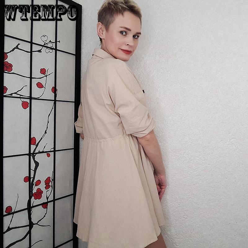 Solid Womens Mini Dress Long Sleeve Pocket Loose Dresses Ladies Autumn Casual Retro Vestidos