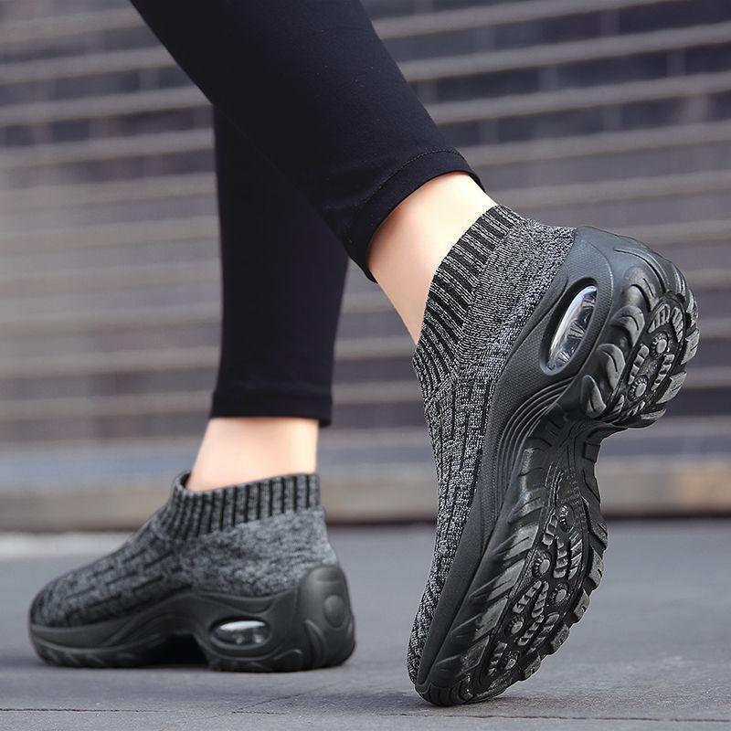 Women's Mid High-heeled Sneakers Casual Breathable Mesh Sports Shoes Running Flat Shoes Slip on Thick-soled Dance Shoes