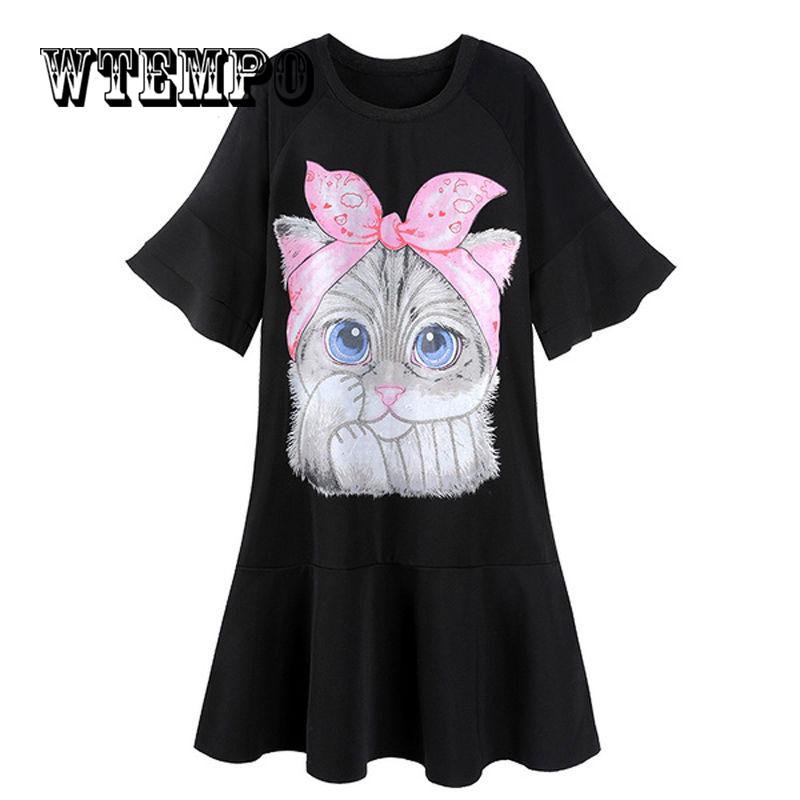 Women's Summer Boho Cute Cat Printed Short Sweet Cotton Linen Mori Girl Dress