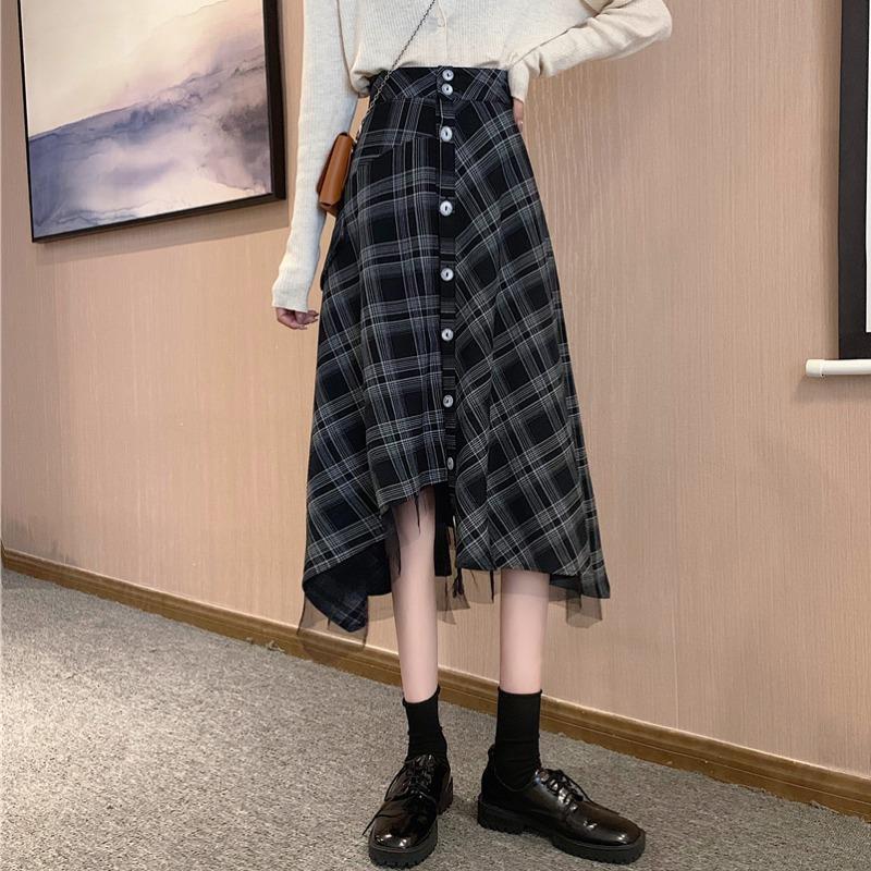 Women Irregular Plaid Skirt Female High Waist A-line Mid-length Skirt Temperament Half Skirt Thin Daily