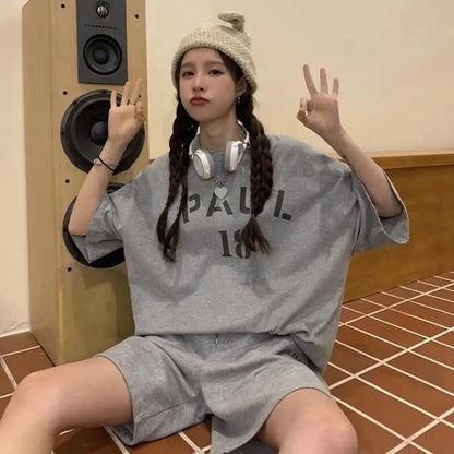 2PCS Women's Summer Sports and Leisure Suits Large Size Loose Short-sleeved T-shirt + Wide-leg Shorts Two-piece Suits Lazy Style Fitness Jogging Suits